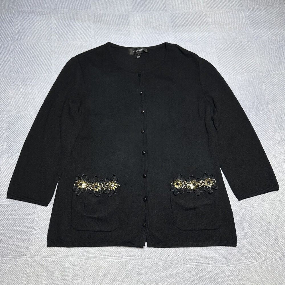 St. John Black Cashmere Cardigan Sweater Women's Sz 8 Decorative Floral Pockets